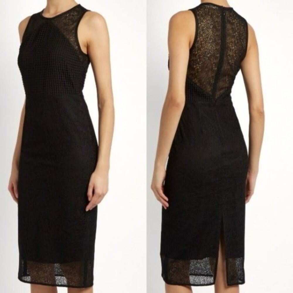 Diane von Furstenberg Tailored Lace and Basketweave Sleeveless Midi Dress Black